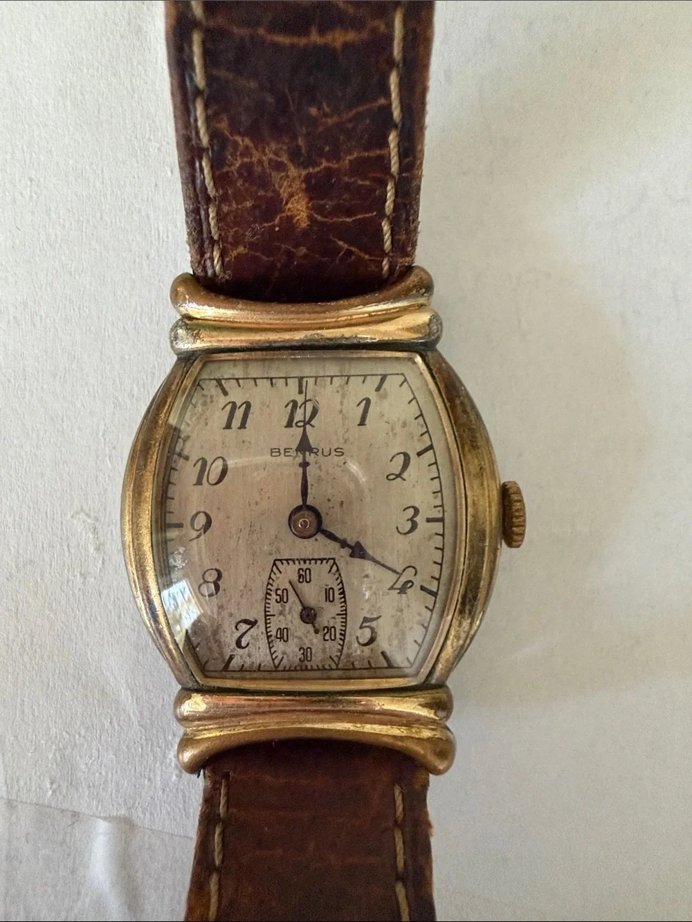 Vintage-Style Gold Tone Benrus Watch with Brown Leather Strap